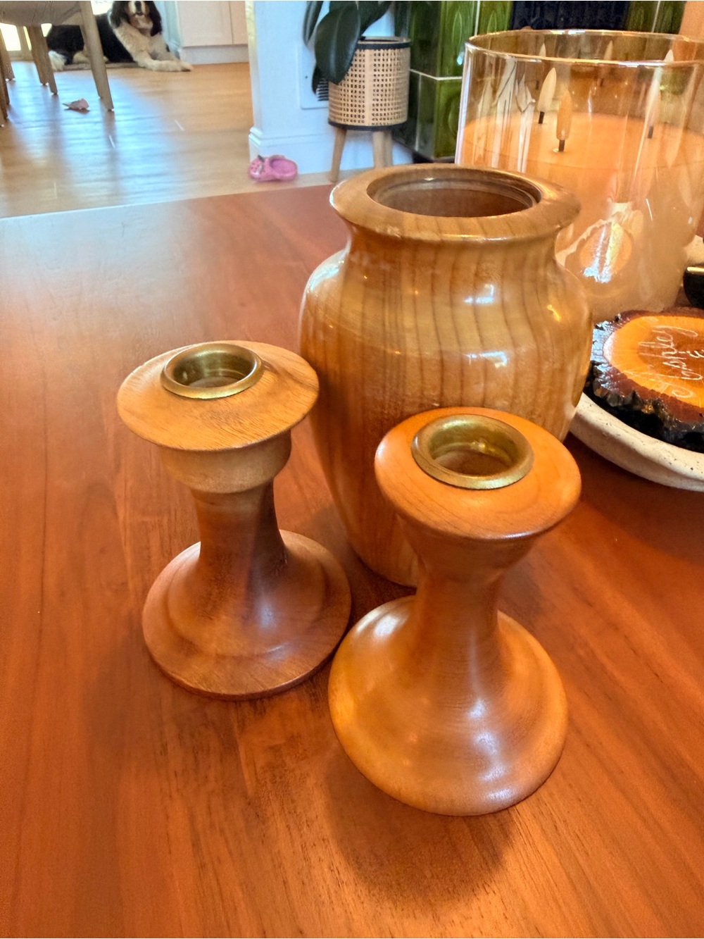 Oregon Myrtlewood Natural Wood Candle Holders and Decorative Vase - Brown Set